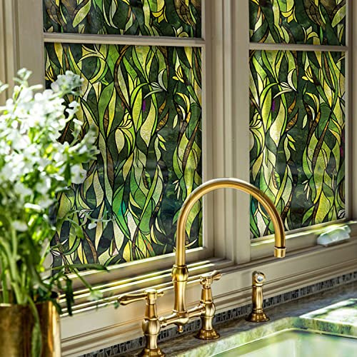 Flortlias Stained Glass Window Film Green Decorative Window Clings for Door Glass Home Office Living Room Decor, Summer Green Leaves 15.75 x 78.74