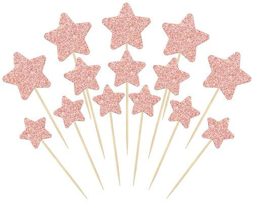 Gyufise 42Pcs Little Star Cupcake Toppers Rose Gold Glitter Twinkle Star Cupcake Picks Wedding Engagement Bridal Shower Baby Shower Birthday Party Cake Decorations Supplies Mixed Size
