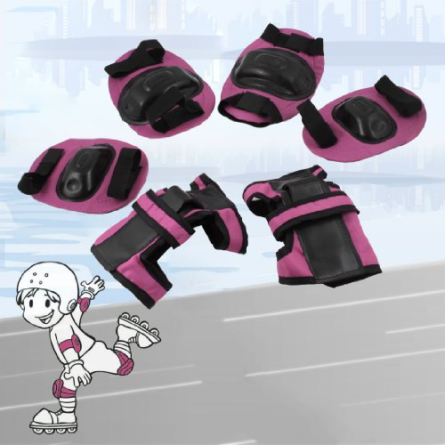 Ruilogod 3 parejas Fucsia Black Elastic Band Muñeca Palm Codo Codo Protectores de rodilla para niños