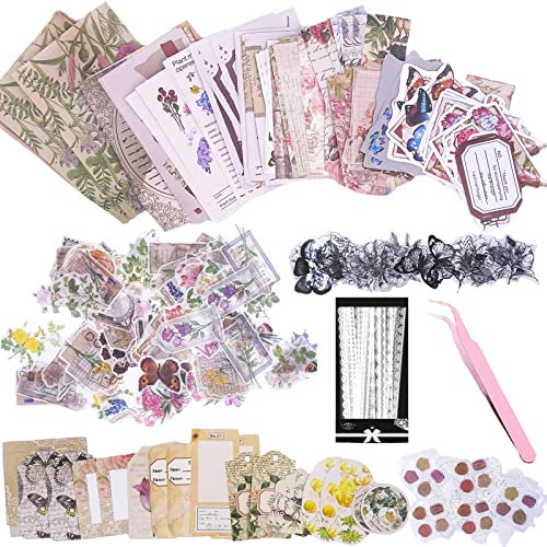 Carreuty 290pcs Ästhetische Scrapbooking Sticker Aufkleber Pack, DIY Dekorative Papier Retro Blumen Journaling Zubehör Papier Kit für Scrapbook Supplies Journal Kit (Retro Flower Life)