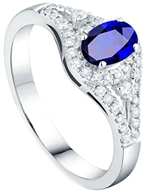 Lieson Ehering Frauen, Damen Ring 750 Weißgold 0.51ct Oval Blau Saphir mit Diamant Trauring Weißgold Verlobungsring Gr.58 (18.5)