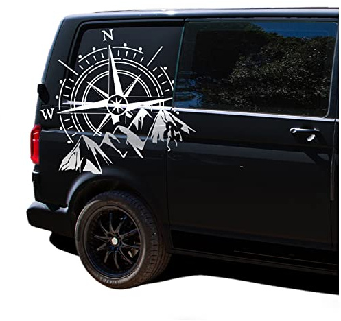 Autoaufkleber Windrose Sport Mountains 60x56cm Sticker Folie für Auto Wohnwagen Anhänger Aufkleber Selbstklebend Kfz Zubehör KX072 KX073 (Kompass weiß, Berge Silber)