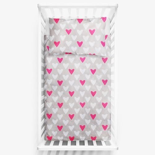 2-teiliges Baby-Kinder-Bettwäsche-Set 120 x 90 cm, Bettbezug und Kissenbezug für Kleinkinderbett (rosa Herzen)