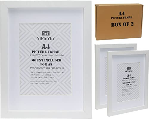White A5 (14.8x21cm) Poster Frame with Mount for 6x4'' Set of 2,White 6x4'' picture Frame with Clear Acrylic Front, A5 Kids Art Frames 2Pack, A5 Frame for Desktop and Wallmounted