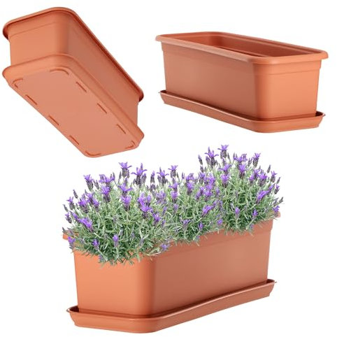 KADAX Jardinière avec soucoupe, bac de balcon en plastique, jardinière pour intérieur et extérieur, pot de fleurs pour balcon, terrasse, rebord de fenêtre (40 cm, terre cuite), Terracotta