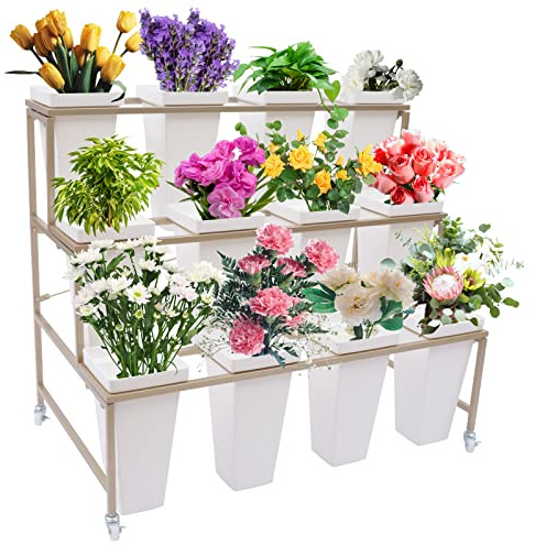 YIYIBYUS Flower Display Stand With 12PCS Buckets,3 Layers Plant Cart with Wheels,Heavy Duty Moving Flower Rack for Indoor, Outdoor Patio Garden, Living Room, Florist, Shipped in Two Parcels