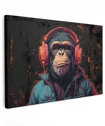 MuchoWow© Bilder Groß XXL Wohnzimmer Deko Modern Wandbild Foto auf Leinwand | 120x80 cm - Bild Schlafzimmer über Bett Room Decor Geschenke Graffiti - Schimpanse - Kopfhörer - Affe