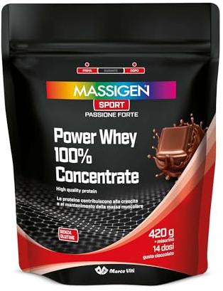 Mass Sport Power Whey 100% Concentrate Cioccolato, 420 g, Integratore Proteico con Proteine del Siero del Latte, Ricco di Vitamine e Aminoacidi, 14 Dosi, Senza Glutine