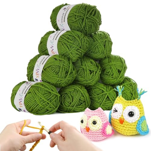 YINVA Häkelgarn 10Pcs x 25g Acryl Wolle Zum Häkeln Creme Wolle Zum Stricken Häkelwolle für Anfänger Crochet Yarn für Häkeln Stricken und Handwerk-Grün