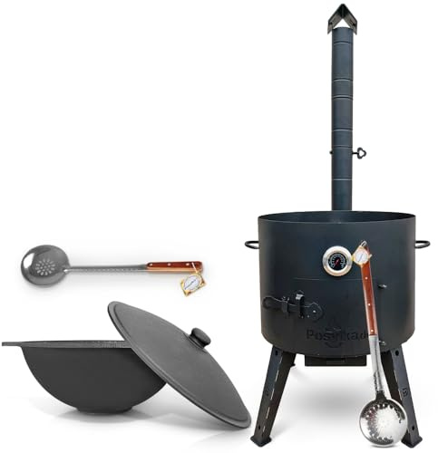 Utschak Feuerofen Gusseisen Topf flacher Boden mit Deckel (22 L) KazanoFF, Schaumlöffel x2Stk. Учаг, Kazan Outdoor, Feuerschale, Camping, Kasan, Gulaschkanone Dutch Oven (Set 22F-4)