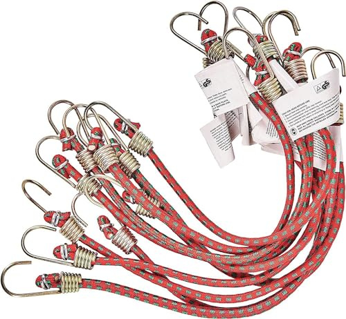 iSeventy9 Lot de 10 mini tendeurs élastiques polyvalents de 25 cm avec crochets extensibles pour bagages, voiture, vélo et accessoires de camping – Rouge