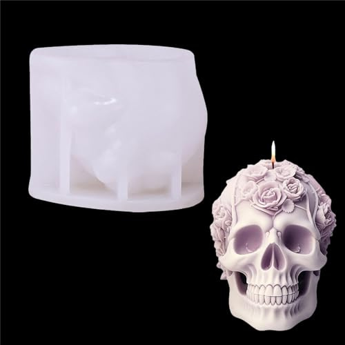 JS MOLD Rosenschädel Kerzenform,Totenkopf-Silikon form,3D Epoxidharz Silikonforme, Halloween Schädel Silikonform für Beton Gips Kerzenformen Zum Gießen (02#)