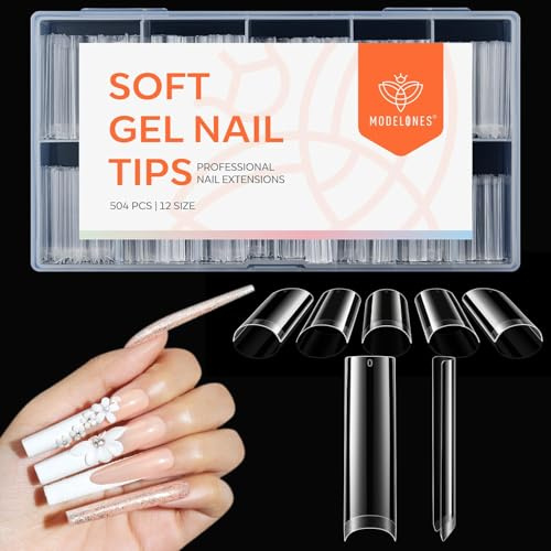 Modelones Faux Ongles, 504Pcs Capsule Americaine Ongles Capsules Très Longue Coffin Gel Faux Ongles Ongle Pose Americaine, 12 Tailles