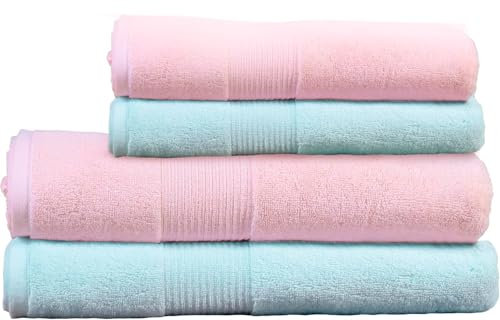 Domya Juego de 4 Toallas de Algodón 100% (Color Salmon & Menta) - 650 gsm, (70x140cm y 50x90cm) Suaves y Absorbentes, Hogar, Hoteles, SPA