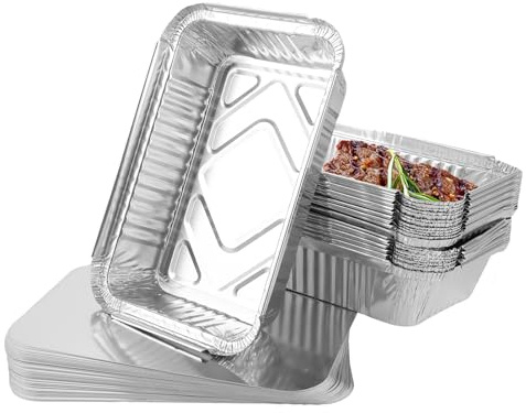 GBACHOOSE 100 stycken aluminiumskålar med lock, engångsskålar av aluminium, grillskålar aluminium 21 x 14 x 5 cm för bakning, stekning, matlagning, förvaring, grillning, ta med dig