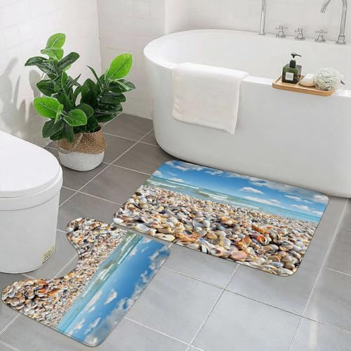 EYLOZS Badezimmerteppich Set 2 Teilig Waschbar rutschfeste Badematte Toilettenmatte Weich Saugfähige Badteppiche,Strand-Meeresschnecken-Muschelwelle