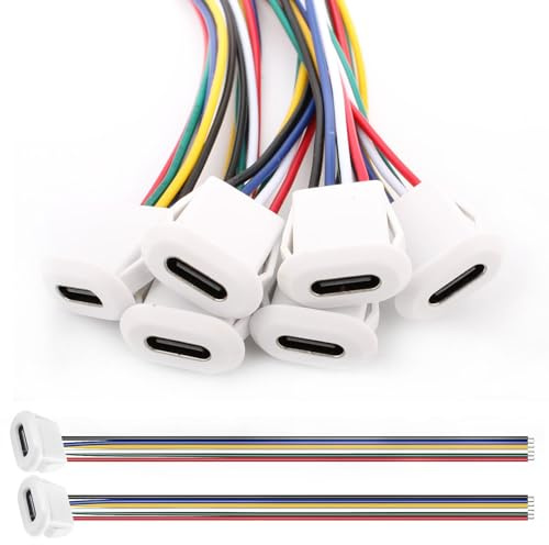 VISSQH 6 Pièces USB C 6 Broches connecteur Femelle,USB Type C souder connecteur 6 Fils 3A USB C Montage sur Panneau connecteur 24AWG USB C Câble d'extension avec Boucle à Rainure à Pression,Blanc