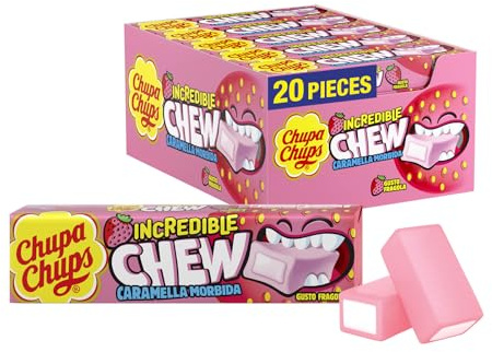 Chupa Chups Incredible Chew Strawberry, Gusto Fragola, Caramelle Morbide, Confezione da 20 Stick, Incredibile Esplosione di Gusto