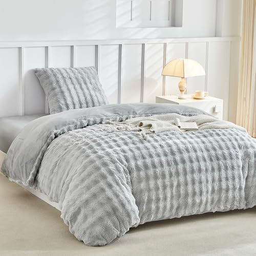 Lekesky Biancheria da letto in peluche 135 x 200 cm, soffice biancheria da letto in finta pelliccia di coniglio, grigio, biancheria da letto invernale 135 x 200 cm, con chiusura lampo e 1 federa con
