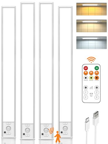 Under Cabinet Lighting Wireless, 16 inch LED Motion Sensor Light Indoor, Rechargeable Closet Lights with Remote, 3 Color Temps, Dimmable, Magnetic Under Counter Lights for Kitchen, Stairs, 4 Pack