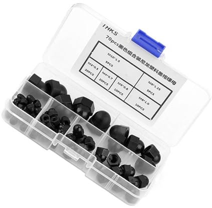 Nylon-Hutmuttern-Set, Sechskantmuttern mit Kuppelkopfkappe, 70 Stück M3/M4/M5/M6/M8/M10 mit Schwarz-weißem Nylonmaterial für Maschinen, Möbel, Fahrzeuge (Schwarz)