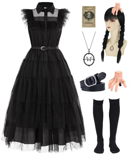 Mrsclaus Mercoledì Costume da donna nero gotico abito adulto mercoledì famiglia cosplay vestito con parrucca collana forcina calzini costumi di carnevale per Halloween C064-3XL