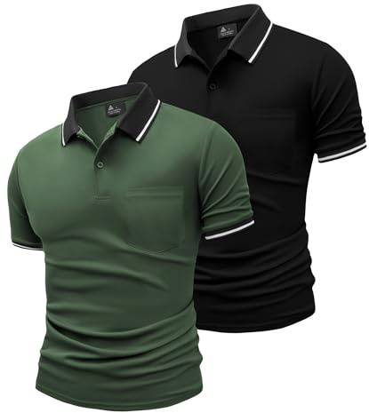 JACKETOWN 2 Pack Polos Hombre Manga Corta con Bolsillo Polo de Trabajo Transpirable de Secado Rápido Golf Hombre Camisa de Verano Slim Fit Camiseta Básica de Tenis(Negro Verde Militar 3XL)