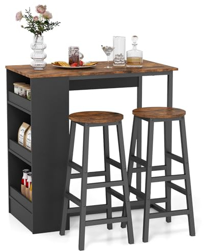 SOARS Bartisch-Set mit 2 Barhockern und 3 Ablagen | Küchentheke mit Sitzgruppe für 2 Personen, Metallrahmen, Frühstückstisch für Bar, Bistro & Wohnzimmer