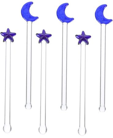 BEBEMOKO 6pcs Glass Cocktail Stirring Sticks Decorative Swizzle Stirrers Blue Star and Moon Design for Bar and Party