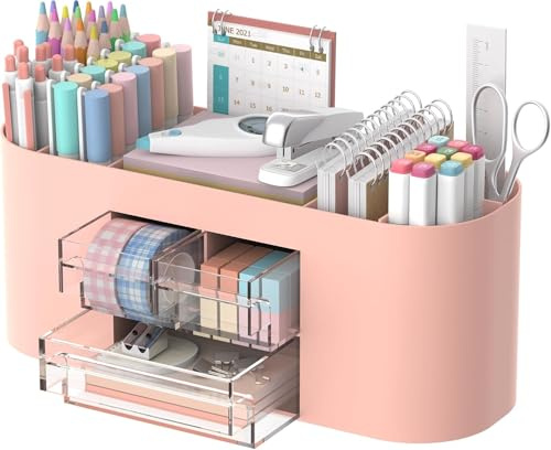 SUPTIDY Skrivbordsförvaring med pennhållare, 10-fack pennorganisatör med 3 lådor, plastskrivbordsorganisatör och tillbehör för skrivbordsorganisering och förvaring, kontorsmaterial (rosa)