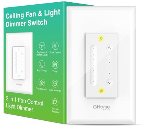 GHome Smart Dimmer Switch with 4-Speed Ceiling Fan Control, Ceiling Fan and Light Switch Combo with Dimmer Compatible with Alexa and Google Assistant, 2.4Ghz Only, Single-Pole, UL Certified