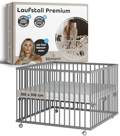 Sämann Laufstall faltbar Baby 100x100 cm mit Cloud Air Matratze | stufenlos höhenverstellbar | Laufgitter Premium | Babybett aus Holz | Krabbelgitter grau