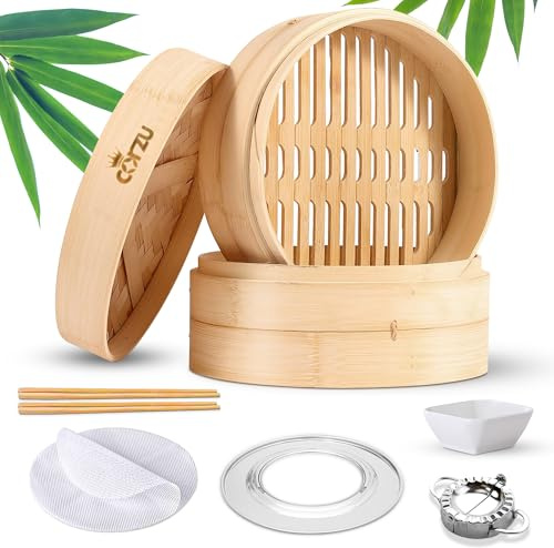 CORZU Bamboo Steamer Basket for Dumplings, Bao & Veggies | Authentic Flavor, Natural Bamboo Steamer | 10.2 Inch Universal Ring, 2 Silicone Liners | Dumpling Press & Chopsticks