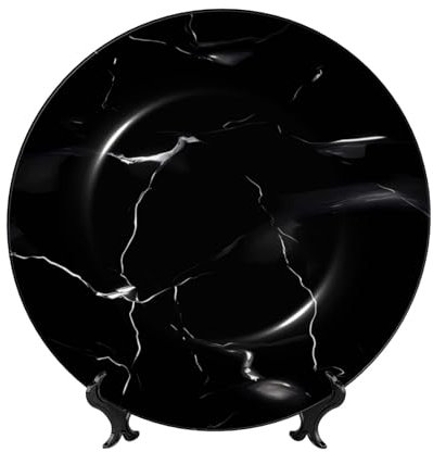WLKSNBVD Assiette décorative en porcelaine anglaise de 20,3 cm, assiettes à dîner en céramique marbrée noire avec support de présentation, assiettes en porcelaine pour la maison, le bureau, la