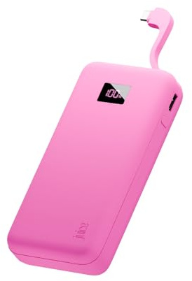 Juice Eco Integrated Max Power Bank 20000mAh – Portable Charger with Built-in USB-C Cable, Fast 20W Output, Digital Display, Power Bank for iPhone 15 16 17, Samsung, Android, GoPro, iPad - Pink
