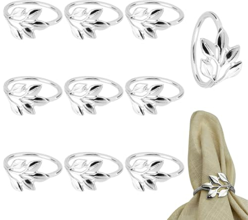 OUDQFCJ 10 Pezzi Eleganti Portatovaglioli in Metallo, Anelli per Tovaglioli con Design a Foglia per Ringraziamento, Matrimonio, Cena in Famiglia, Pasqua, Decorazione Tavola (Argento)