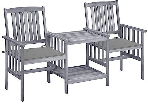 Qnhdfrt Gartenstühle mit Teetisch aus Massivholz Akazie Grau 159 x 61 x 92 cm Inklusive Polster für Terrasse Balkon und Garten