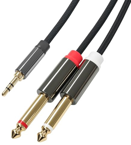 Cyberguys! 3.5mm to Dual 1/4 Cable, 1/8 TRS to Dual 1/4 TS Stereo Audio Cord, Gold-Plated Braided Adapter Cable, 3.5mm Stereo Cables for Mixer, Studio Monitor, Amplifier, Speaker, Sound Card, 6.6ft