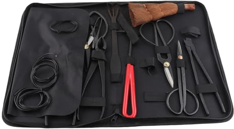 Set Outils Bonsai, Kit Jardinage Bonsaï, Ciseaux, Râteau, Machette en Acier au Carbone - Haute Résistance, Rangement Nylon, pour Bonsaï Jardin Japonais