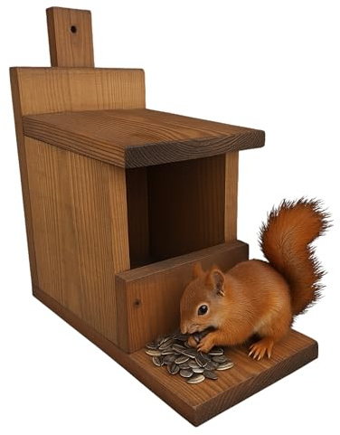 HolzGarden Eichhörnchen Futterstation aus Holz Wetterfest Stabil 19x45x32 cm Handmade Futterhaus Farbe Teak Handgefertigt Eichhörnchenfutterstation zum Aufhängen Vogelhaus Imprägniert