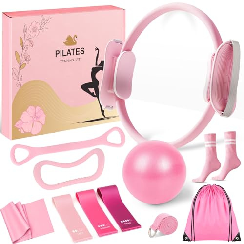 Pilates Equipment Set for Women, Pilates Ring and Ball Set with 15 Magic Circle & Resistance Bands, Perfect Mother's Day Gift for Home Workout, Ideal for Beginners and Yogis