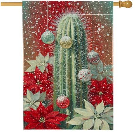 Bandiera per casa con cactus, ornamenti natalizi a forma di stella di Natale, rosso su entrambi i lati, in iuta, portico, decorativo, per esterni, patio, cortile, prato, ingresso, balcone, 71 x 101 cm