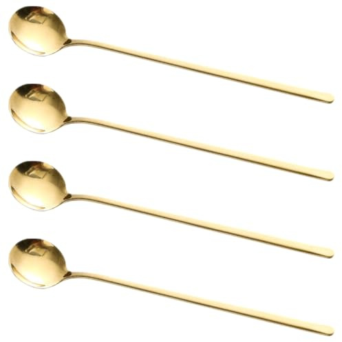 BESPORTBLE Lot de 4 Cuillères à Dessert Thé en Acier Inoxydable Doré, Longues Manches, Cuillères Multifonctions pour Café et Glace, Accessoires pour Maison, Usage Fêtes et Restaurants