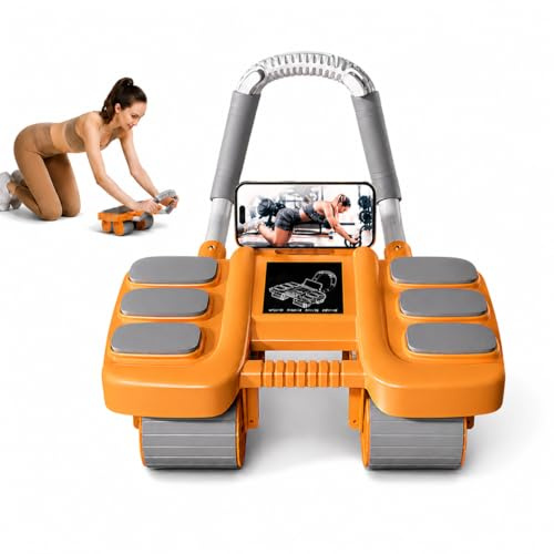 Abdominal Wheel Roller with Knee Mat Ab Roller Exercise Wheel Automatic Rebound Elbow Support 4 Wheels Core Strength for Home Workout, Adjustable Handle Abdominal Roller with Phone Holder, Unisex