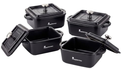 MasterPro Cook & Share - Mini Cocotte Cuadrada con Tapa de 13.5 x 10.6 x 4.5/6.5 cm, Ideal para Compartir, Gres con Interior y Exterior Esmaltado en Negro, Apta para Lavavajillas y Horno, Juego de 4