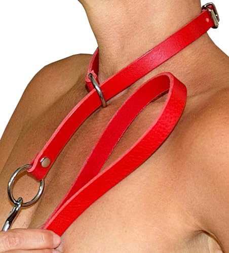 Terginum PREMIUM BDSM Halsband Halsfessel Würgehalsband Dressurhalsband Lederhalsband + Führkette Hundeleine mit drehbarem Karabiner Fesselset ROT Sklavenhalsband für Sexspiele