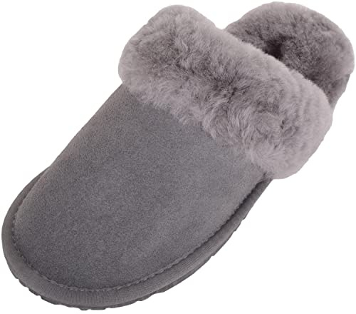 SNUGRUGS Elsie Chaussons en peau de mouton avec revers ouvert pour femme, gris, 40 EU