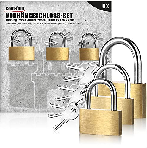 com-four® 6x Vorhängeschloss aus massivem Metall - Vorhangschloss mit Schlüssel und verschiedenen Bügelstärken