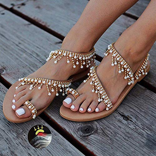 Wygwlg Damen Riemchen Flache Sandalen Sommer Vintage Juwelen Perlen Zehenring Gladiator römische Schuhe Beach Travel rutschfeste Damen Orthesen Hausschuhe,36