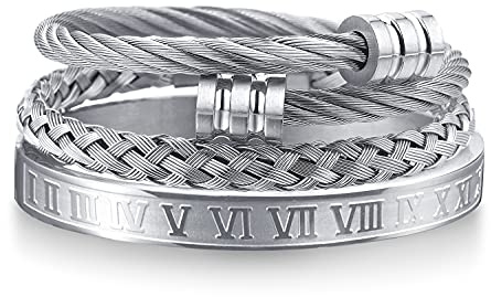 WFYOU 3PCS Stainless Steel Bracelets for Men - Gold Roman Numeral & Adjustable Cuff Bracelets - Luxury Mens Jewelry Gifts, 2.5 inch, Metal, stainless-steel